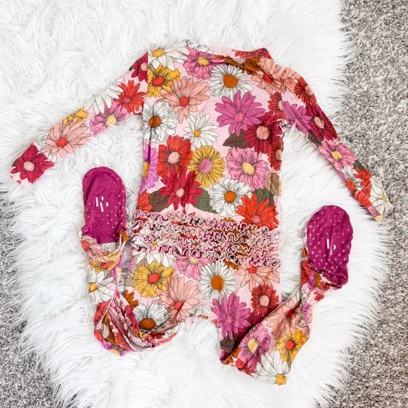 Posh Peanut | “Della” Floral Print Footie Ruffled Zippered One Piece - Picture 8 of 8